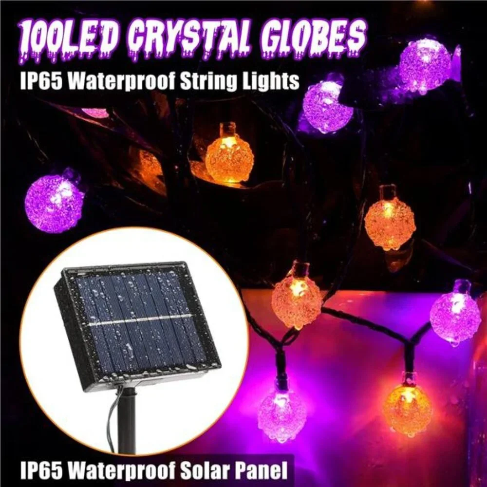 Orange Purple Solar Halloween Lights 72FT 100 LED Halloween Globe Lights 8 Modes